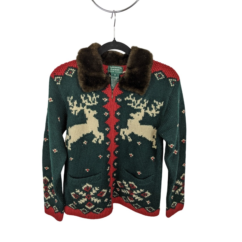 Lauren Ralph Lauren Hand Knit Wool Reindeer Faux Fur Zip Cardigan Green Red M